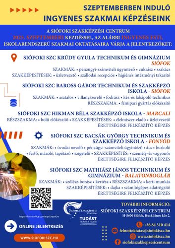 Már regisztrálhatnak a Siófoki SZC 2025 szeptemberében induló felnőttképzéseire!